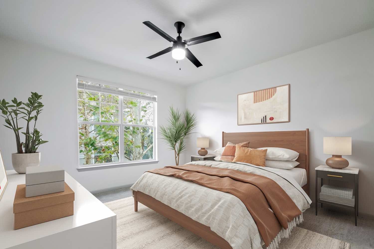 bedroom with plush carpeting and ceiling fan