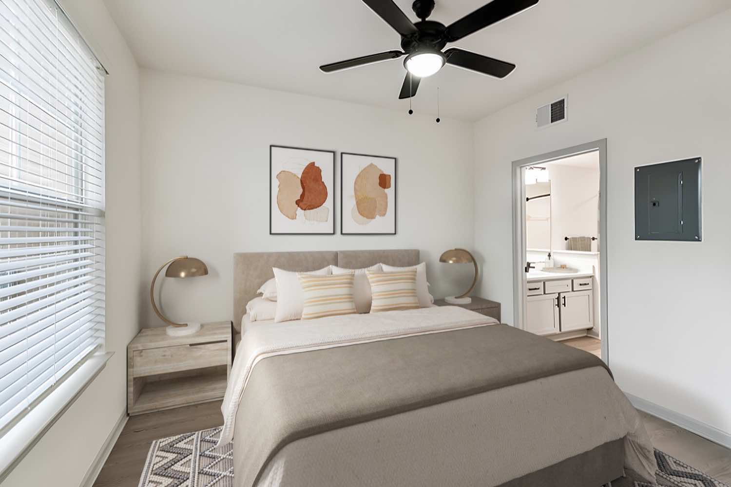 bedroom with wood-style flooring and ceiling fan